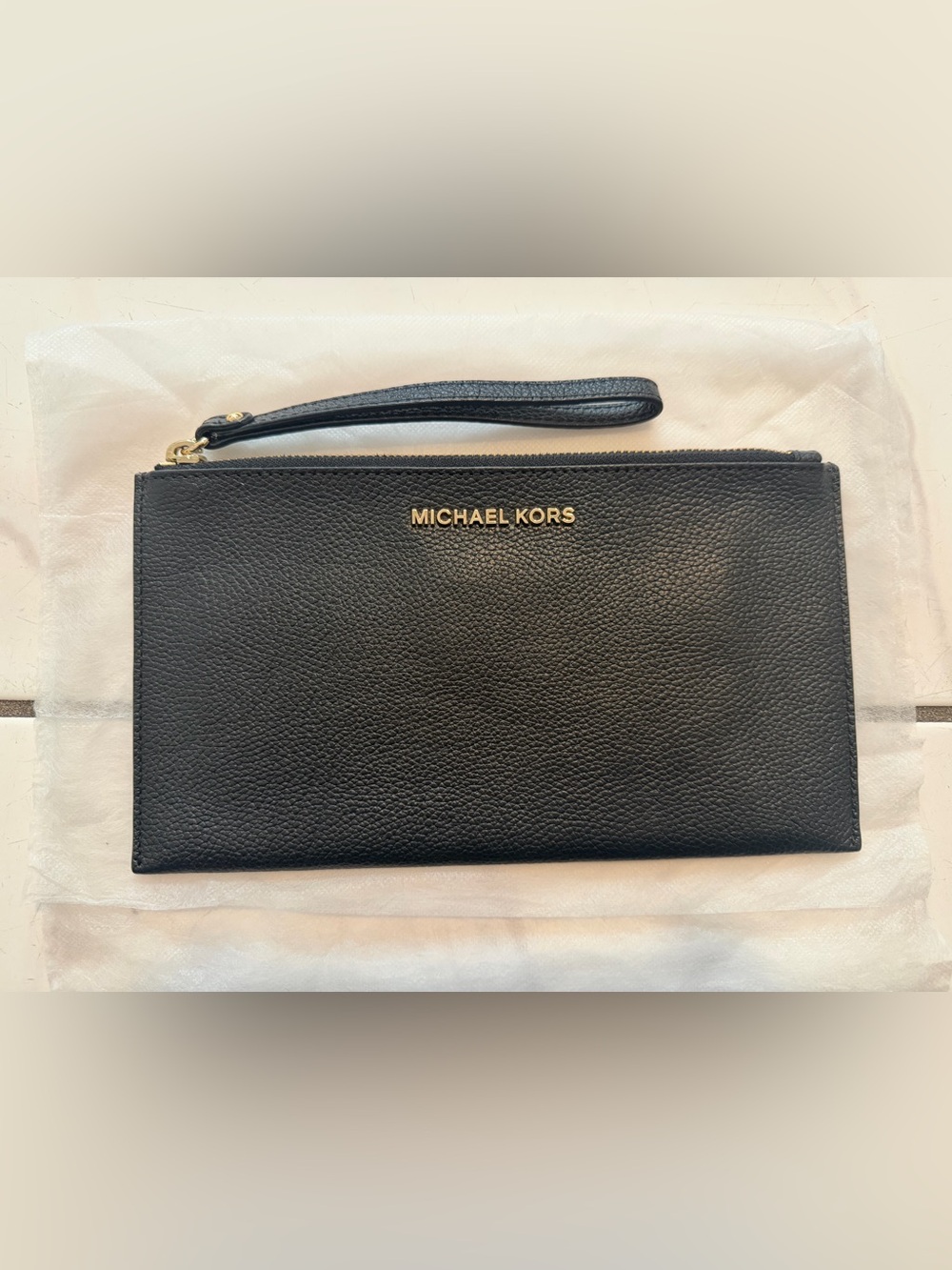 Michael Kors Black Pebbled Leather Wristlet Pouch with Gold Logo